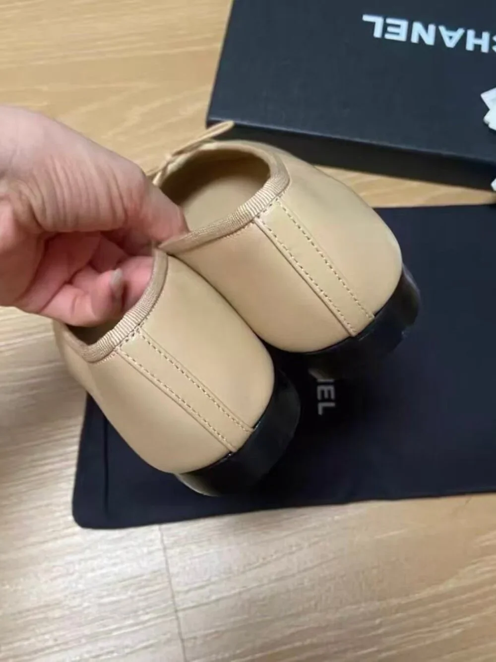 Chanel Beige Black Cap‑Toe CC Bow Leather Ballet Flats